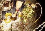  alcohol bad_id bad_pixiv_id blonde_hair bracelet brown_eyes brown_hair chain cup drinking_glass enkidu_(weapon) fate/zero fate_(series) feathers flower gilgamesh jewelry kotomine_kirei lily_(flower) male_focus multiple_boys necklace open_clothes open_shirt red_eyes shirt sumesora wine wine_glass wings 