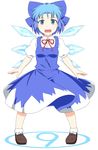  1girl :d blue_eyes blue_hair cirno dress highres ice ice_wings kochi-goori open_mouth simple_background smile solo touhou white_background wings 