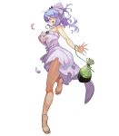  1girl bag bangs bare_arms bare_legs bare_shoulders barefoot breasts camilla_(fire_emblem_if) dress feet fire_emblem fire_emblem_heroes fire_emblem_if full_body hair_ornament hand_on_own_chest highres large_breasts leg_up long_hair looking_back nintendo official_art open_mouth ponytail purple_eyes purple_hair soles solo strapless strapless_dress toes torn_clothes transparent_background 