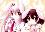  :3 animal_ears blush brown_hair bunny_ears inaba_tewi jewelry long_hair looking_at_viewer multiple_girls necklace necktie purple_hair red_eyes red_neckwear reisen_udongein_inaba short_hair smile touhou yume_shokunin 