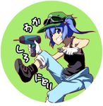  blue_eyes blue_hair drill goggles hair_bobbles hair_ornament hat kawashiro_nitori leon_(mikiri_hassha) shoes short_hair smile sneakers solo touhou two_side_up wrench 