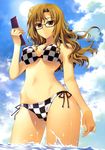  absurdres bare_shoulders bikini blue_sky breasts brown_eyes brown_hair cellphone checkered checkered_bikini cloud day from_behind fujima_takuya glasses groin highres kiryuu_moeka large_breasts long_hair looking_at_viewer navel parted_lips phone scan shiny shiny_skin side-tie_bikini sky solo steins;gate sun swimsuit underboob wading 