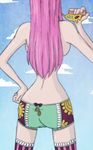  backboob bare_arms bare_shoulders blue_sky breasts clenched_hand cloud cloudy_sky day food hair_down hand_on_hip head_out_of_frame jewelry_bonney one_piece panties pink_hair pizza sideboob sky solo thighhighs topless underwear 