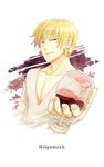  alcohol blonde_hair character_name cup cupping_glass drinking_glass earrings fate/zero fate_(series) gilgamesh jewelry luoyin male_focus red_eyes solo v-neck wine wine_glass 