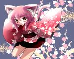  animal_ears blush cat_ears cat_tail flower highres japanese_clothes long_hair looking_at_viewer open_mouth original purple_hair smile solo tail yume_shokunin 