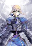  ahoge armor armored_dress artoria_pendragon_(all) blonde_hair dress fate/stay_night fate_(series) faulds gauntlets green_eyes hair_ribbon highres juliet_sleeves koruse long_sleeves puffy_sleeves ribbon saber solo 