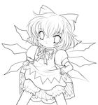  absurdres bow cirno dress dress_lift greyscale hair_bow highres lineart looking_at_viewer monochrome short_hair solo touhou transparent_background yume_shokunin 