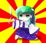  chibi frog_hair_ornament green_eyes green_hair hair_ornament highres jitome kochiya_sanae long_hair macedonian_flag solo sunburst touhou yume_shokunin 