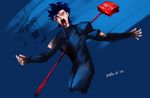 ahoge black_hair blood blood_on_face broom dated death fate/zero fate_(series) impaled lancer_(fate/zero) laoism male_focus parody red_sclera solo spoilers stabbed yellow_eyes 