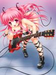  angel_beats! bent_over boots demon_tail fang guitar instrument long_hair motonaga_hiroya nude pink_eyes pink_hair plectrum tail two_side_up yui_(angel_beats!) 