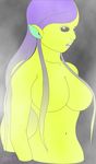  black_background black_eyes black_sclera breasts elf female green_skin grey_eyes grey_lips hair human long_hair looking_at_viewer mammal metallic_eyes multi-colored_hair navel not_furry nude plain_background purple_hair smoke solo violet_(artist) yellow_body yellow_skin 