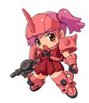  blush_stickers brown_eyes chibi gundam maro-n mecha_musume mobile_suit_gundam open_mouth purple_hair simple_background solo twintails white_background zaku zaku_ii zaku_ii_s_char_custom 