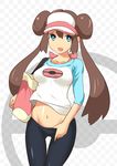  1girl artist_request blue_eyes blush brown_hair female female_protagonist_(pokemon_bw2) kobii mei_(pokemon) midriff navel pokemon pokemon_(game) pokemon_bw2 solo 