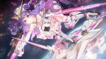  119 1girl armor azur_lane bare_shoulders beam_saber breasts cleavage collarbone cosplay drill_hair earth gun gundam gundam_unicorn hair_bun headpiece long_hair mecha_musume purple_eyes rifle shield skirt solo space thighhighs unicorn_(azur_lane) unicorn_gundam unicorn_gundam_(cosplay) v-fin weapon 