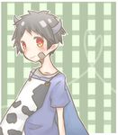  1boy apron boy cow_horns cow_print disgaea heart horns makai_senki_disgaea_2 male male_focus orange_eyes plaid plaid_background pointy_ears red_eyes solo taro_(disgaea) 