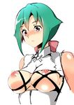  aqua_hair aquarion_(series) aquarion_evol bad_id bad_pixiv_id blush breastless_clothes breasts cofepig frown highres large_breasts nipples purple_eyes short_hair solo tears upper_body white_background zessica_wong 