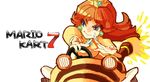  1girl blue_eyes brown_hair car crown dress mario_(series) mario_kart mochio_(ibuki) motor_vehicle nintendo pixiv_manga_sample princess_daisy solo super_mario_bros. super_mario_land vehicle 