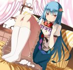  blue_hair character_doll dutch_angle embarrassed food fruit hair_ornament hinanawi_tenshi indoors kureha_(ironika) long_hair looking_at_viewer nagae_iku no_hat no_headwear panties panty_pull pantyshot pantyshot_(sitting) peach pillow sitting solo touhou underwear |_| 