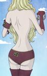  armband ass backboob bare_back blonde_hair blue_sky breasts cloud cloudy_sky cuffs day domino_(one_piece) gloves hair_over_breasts handcuffs head_out_of_frame long_hair one_piece panties sideboob sky solo thighhighs topless underwear 
