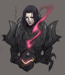  armor berserker_(fate/zero) black_armor fate/zero fate_(series) grey_background headwear_removed helmet helmet_removed kujou_kiyo lancelot_(fate/zero) long_hair male_focus purple_hair solo spoilers 