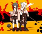  ball_and_chain black_hair boots bullet_hole cigarette dress_shirt fujiwara_no_mokou fuurin_(omaemona) hair_ribbon hand_in_pocket houraisan_kaguya katana kill_bill long_hair multiple_girls ribbon shirt sketch skirt smoking suspenders sword thighhighs touhou weapon white_legwear wide_sleeves zettai_ryouiki 