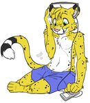 cheetah chest_tuft clothing cub feline fur green_eyes headphones ipod male mammal salmy shorts solo supi topless tuft young 
