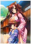  :&gt; absurdres animal_ears bare_legs blue_kimono blush breast_rest breasts breasts_on_head brown_hair cleavage flat_chest floral_print hands_on_shoulders highres japanese_clothes jitome kimono large_breasts leg_hug long_hair looking_at_viewer multiple_girls open_clothes open_kimono original pink_kimono print_kimono red_eyes shinozuka_atsuto short_hair sitting smile tiger_ears two_side_up yukata 