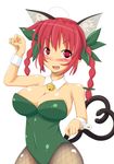  animal_ears braid breasts cat_ears cat_tail cleavage detached_collar fang fishnet_pantyhose fishnets green_leotard highres himenomikan kaenbyou_rin kittysuit large_breasts leotard multiple_tails open_mouth pantyhose rattle red_eyes short_hair solo tail touhou twin_braids wrist_cuffs 