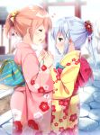  2girls :d blue_eyes blue_hair blurry blurry_background blush bow breathing_on_another&#039;s_hands breathing_on_hands commentary_request depth_of_field eyebrows_visible_through_hair eyes_closed facing_away floral_print from_side gochuumon_wa_usagi_desu_ka? hair_bow hair_ornament hand_holding heart hoto_cocoa irori japanese_clothes kafuu_chino kimono light_brown_hair long_hair long_sleeves looking_at_another multiple_girls obi open_mouth pink_kimono ponytail print_kimono profile sash sidelocks smile torii wide_sleeves x_hair_ornament yellow_bow yellow_kimono 