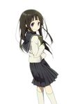  black_hair book boro_(tn-boro) chitanda_eru from_behind hyouka kneehighs long_hair looking_back purple_eyes school_uniform skirt smile solo white_legwear 