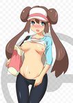  1girl blush breasts brown_hair double_bun female female_protagonist_(pokemon_bw2) kobii large_breasts mei_(pokemon) nipples pokemon pokemon_(game) pokemon_bw2 solo 