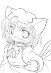  absurdres animal_ears cat_ears cat_tail chen greyscale highres lineart looking_at_viewer monochrome multiple_tails open_mouth short_hair smile solo tail touhou transparent_background yume_shokunin 
