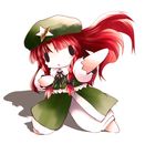  braid chibi highres hong_meiling long_hair red_hair simple_background solid_circle_eyes solo touhou twin_braids white_background yume_shokunin 