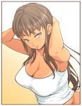  armpits blue_eyes breasts brown_hair camisole cleavage highres large_breasts long_hair looking_at_viewer original sanemichi_hajime shirt smile solo tan tanline taut_clothes taut_shirt 