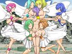  6+girls 6girls angel angel_wings breast_grab breast_smother breasts censored clothed_female_nude_male eyes_closed femdom girl_sandwich grabbing harem luka_(mon-musu_quest!) mon-musu_quest! mosaic_censoring multiple_girls multiple_paizuri nude paizuri penis pimp sandwiched smothering wings 