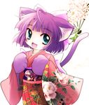 animal_ears blush bow cat_ears cat_tail hair_bow highres japanese_clothes kimono open_mouth original paws smile solo tail yume_shokunin 