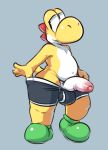  anthro belly boxer_briefs bulge clothing footwear male mario_bros navel nintendo penis poking_out scalie shoes simple_background slightly_chubby solo somnamg underwear underwear_pull video_games yellow_yoshi yoshi 