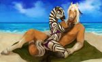  anthro beach bikini black_fur black_hair brown_fur clothed clothing duo equine female fur hair hooves horse kashjew lying maha_(oouna) male mammal on_side oouna open_mouth outside seaside signature sky stripes swimsuit water white_fur white_hair zebra 