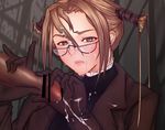  blush brown_hair censored cum glasses green_eyes handjob penis robin_sena witch_hunter_robin 