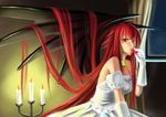  1girl absurdres ahoge bat_wings candle candles ccjn chess_piece dress gloves high_school_dxd highres long_hair red_eyes red_hair rias_gremory solo wedding_dres wedding_dress white_dress white_gloves wing wings 