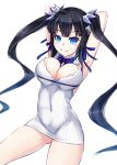  1girl absurdres armpits arms_behind_back arms_up bell black_hair blue_eyes blue_ribbon blush breasts cleavage covered_navel cowboy_shot dress dungeon_ni_deai_wo_motomeru_no_wa_machigatteiru_darou_ka gluteal_fold hestia_(danmachi) highres large_breasts long_hair looking_at_viewer miniskirt necktie pale_skin rei_no_himo ribbon samael_(5211) simple_background skin_tight skindentation skirt smile solo thick_thighs thighs twintails wavy_mouth white_background white_dress 