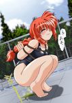  arms_behind_back bdsm blush bondage bound box_tie breasts feet fence grimace highres humiliation lyrical_nanoha mahou_shoujo_lyrical_nanoha mahou_shoujo_lyrical_nanoha_a&#039;s mahou_shoujo_lyrical_nanoha_a's outdoors outside pain peeing peeing_self pool puddle red_hair solo swimsuit tears thirty_saver_street tied_up tree trees vita wetting young younger 