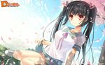  black_hair cherry_blossoms dmm futako highres original panties pantyshot pantyshot_(sitting) petals red_eyes school_uniform shoes sitting skirt smile solo twintails underwear wallpaper 