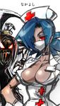  blue_hair breasts choker cleavage dark_skin g=hikorou hair_over_one_eye hat highres large_breasts mask multiple_girls nurse nurse_cap painwheel_(skullgirls) red_eyes skullgirls valentine_(skullgirls) 