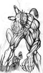  1boy carnage_(marvel) claws dark_persona highres male male_focus monochrome muscle okami_7 open_mouth sharp_teeth sketch skin_tight solo symbiote tongue venom_(marvel) 