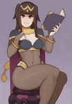  1girl bangle bangs black_hair blunt_bangs bodystocking bodysuit book bracelet breasts cape chair circlet cleavage covered_navel fire_emblem fire_emblem:_kakusei highres jewelry long_hair nail_polish nintendo purple_eyes sitting skin_tight smile splashbrush tharja 