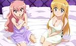  2girls absurdres barefoot bed blonde_hair blue_eyes breasts cleavage elf feet highres kneeling large_breasts long_hair louise_francoise_le_blanc_de_la_valliere multiple_girls pillow pink_hair pointy_ears seiza sitting tiffania_westwood zero_no_tsukaima 