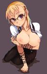  blonde_hair blush breast_hold breasts cleavage earrings glasses hair_ornament hairclip highres jewelry kusanagi_tonbo large_breasts nipples no_bra original over-rim_eyewear pantyhose purple_eyes semi-rimless_eyewear simple_background sitting solo star 