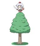  chibi hat inubashiri_momiji kurokoori shield simple_background skirt solid_circle_eyes solo sword tokin_hat touhou tree weapon white_hair 