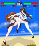  bad_id bad_pixiv_id battle beach ben-tou black_hair blue_eyes brown_hair cameltoe chapatsu_(ben-tou) duel hidden_face long_hair midriff minakami_toride multiple_girls navel panties pantyshot school_uniform shiraume_ume skirt skirt_lift thighhighs underwear virtua_fighter wind wind_lift 